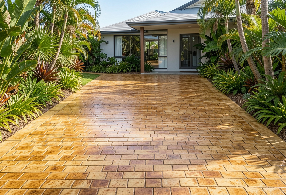 Stamped concrete driveway with decorative pattern finish