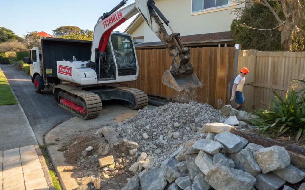 Compact excavator breaking up and loading concrete rubble