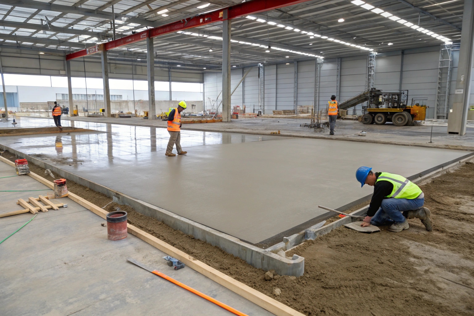 Freshly poured commercial concrete floor slab inside a large warehouse building, with crew finishing the edges