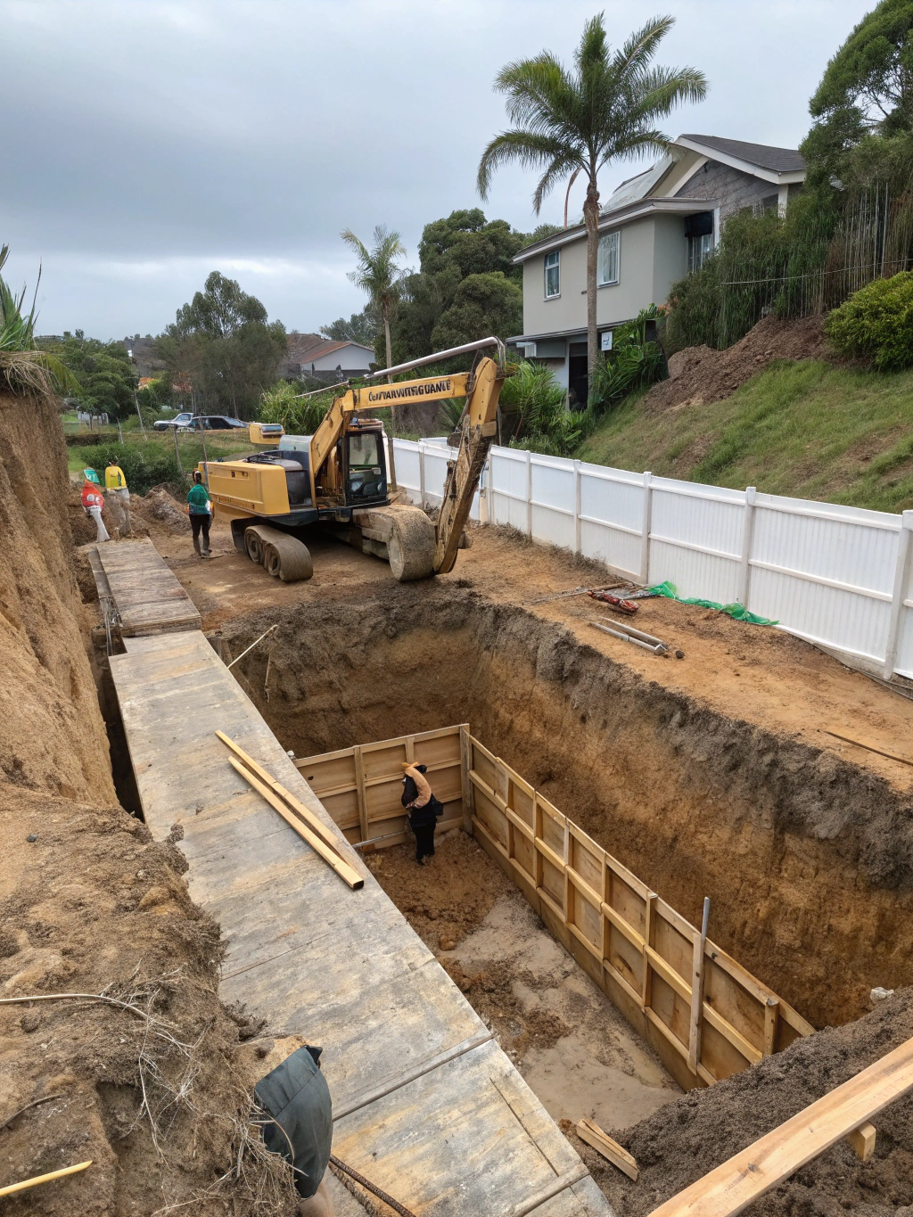 Basement excavation underway on a residential building site