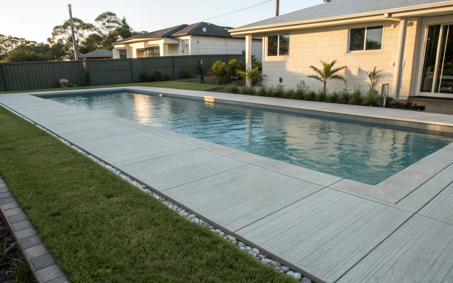 Brushed broom-finish concrete pool surround
