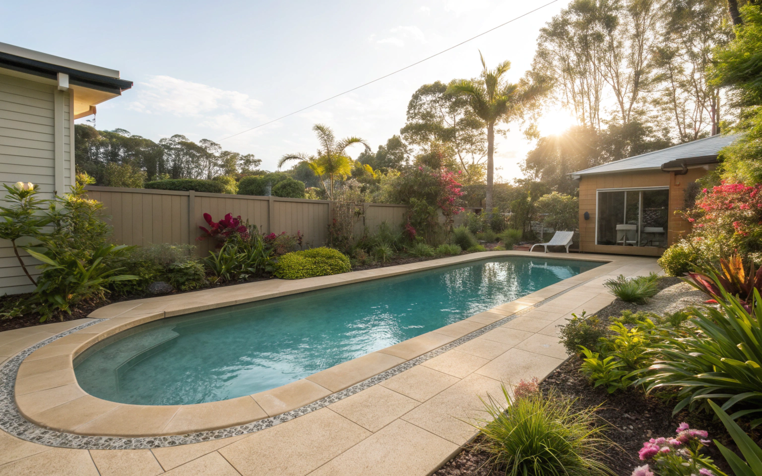 Coloured concrete pool surround in a coastal tone