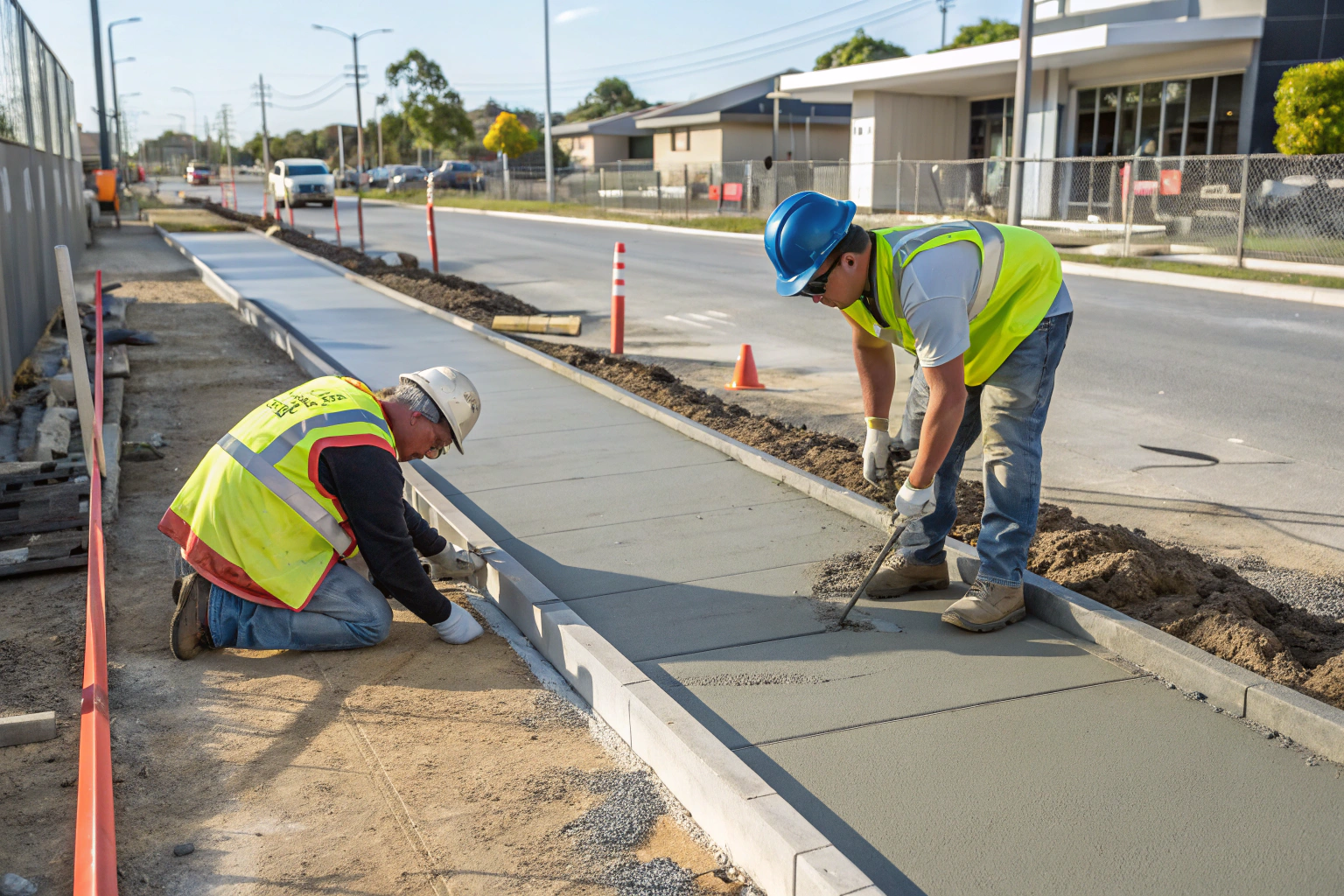 Concrete workers finishing a commercial footpath and kerbing outside a retail development in Coffs Harbour