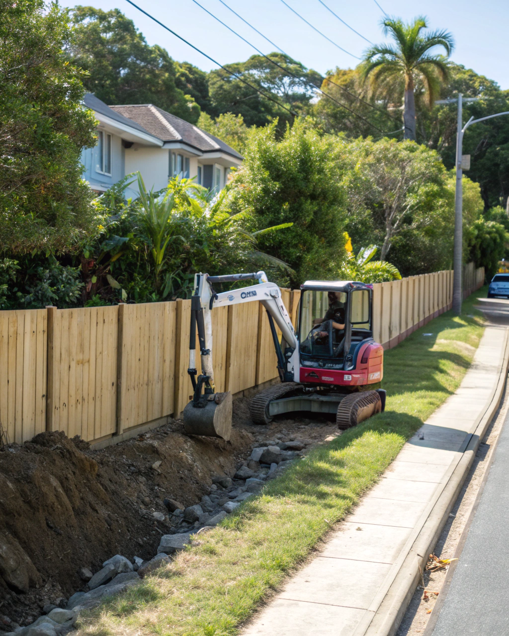 Compact excavator working on a residential block