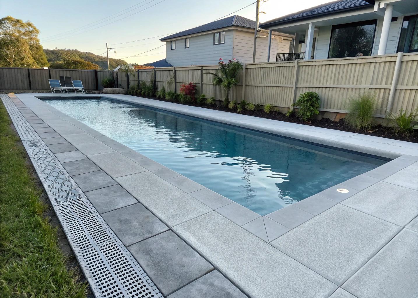 Concrete pool surround with integrated drainage channel