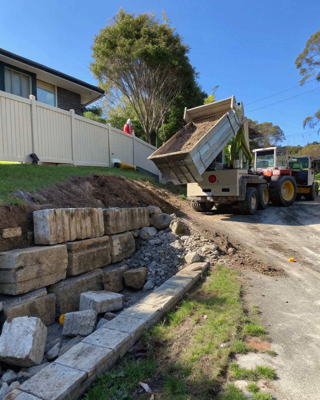 Concrete retaining wall removal in progress