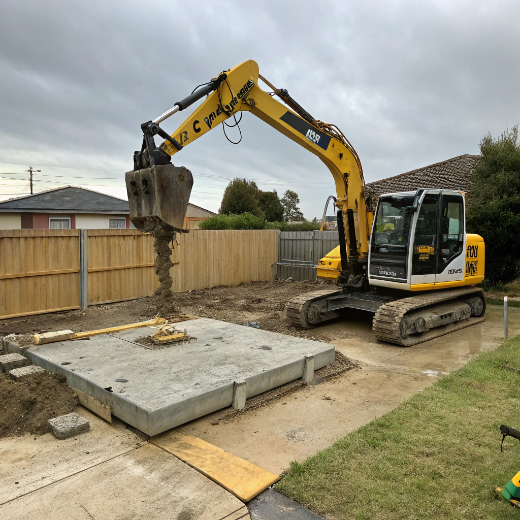 Excavator breaking up reinforced concrete slab on residential site in Coffs Harbour
