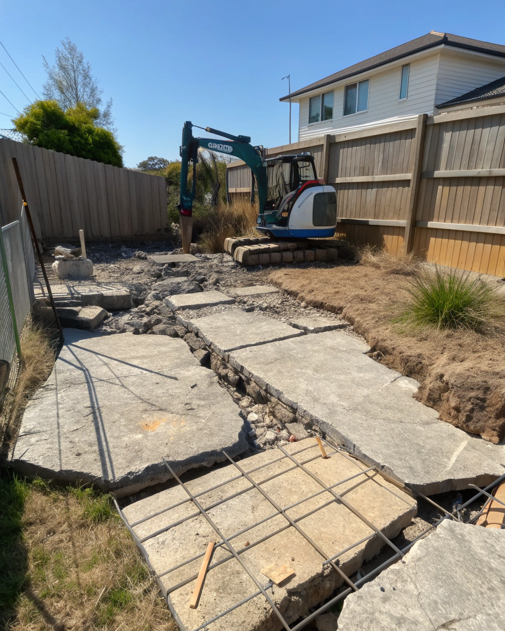 Concrete slab demolition job in a residential backyard
