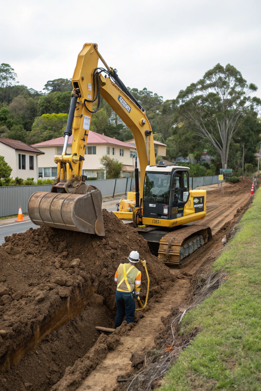 Excavator and chain trencher used for residential trenching