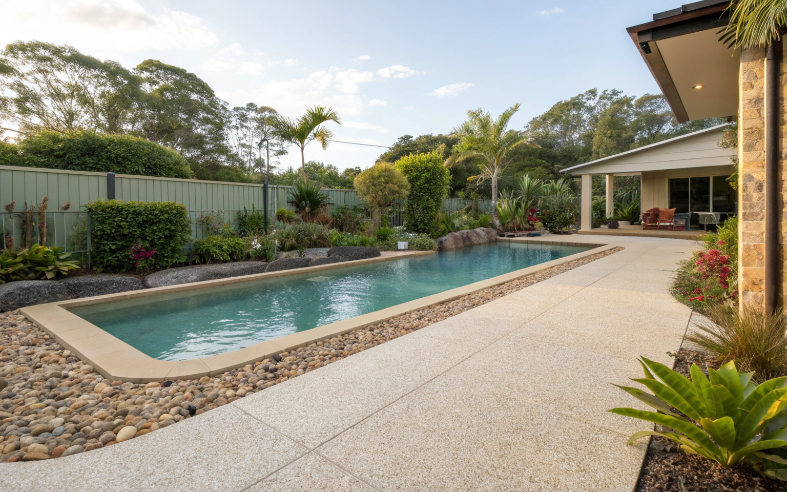 Exposed aggregate concrete pool surround with natural stone edging