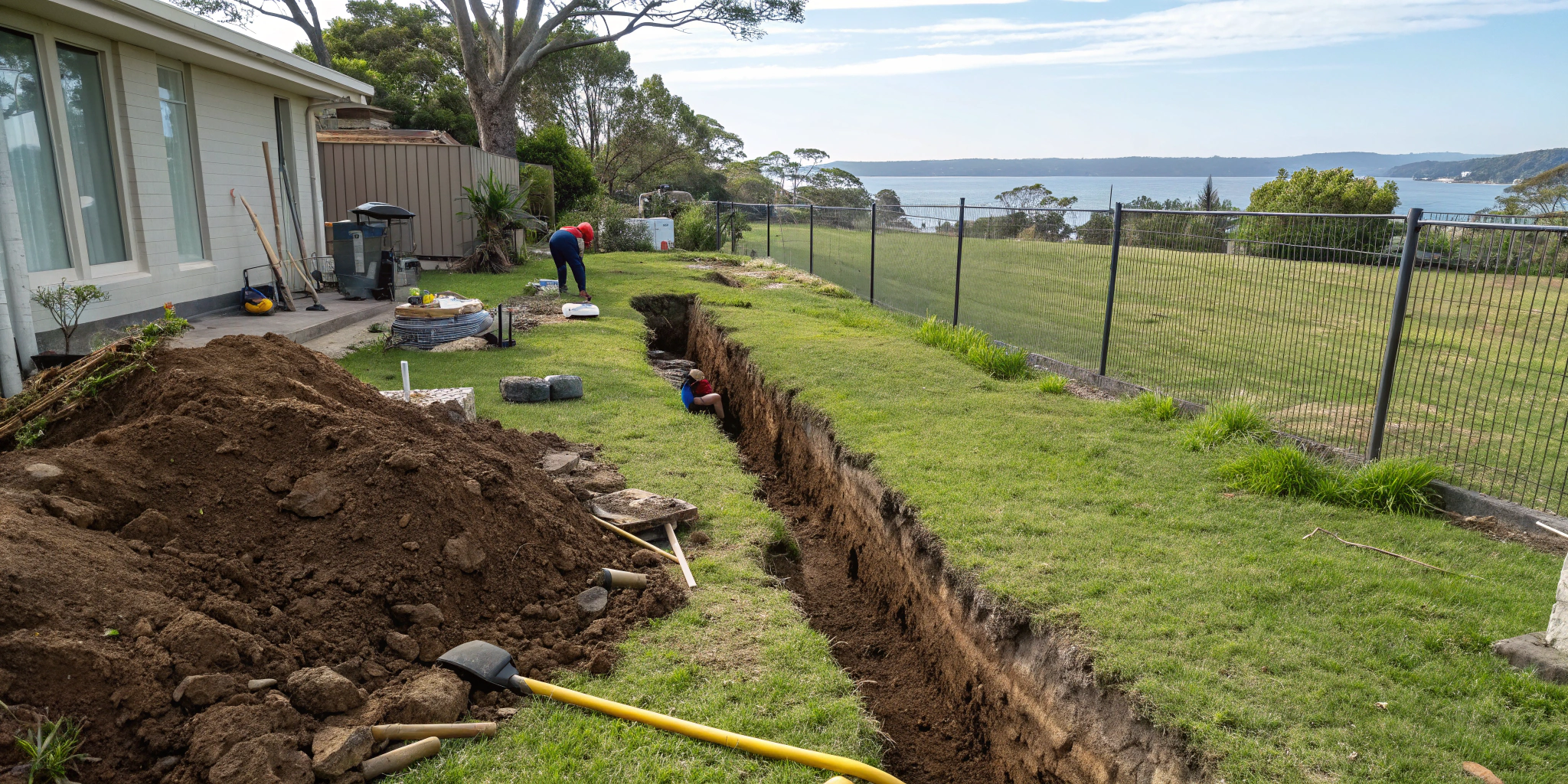 Freshly excavated narrow drainage trench