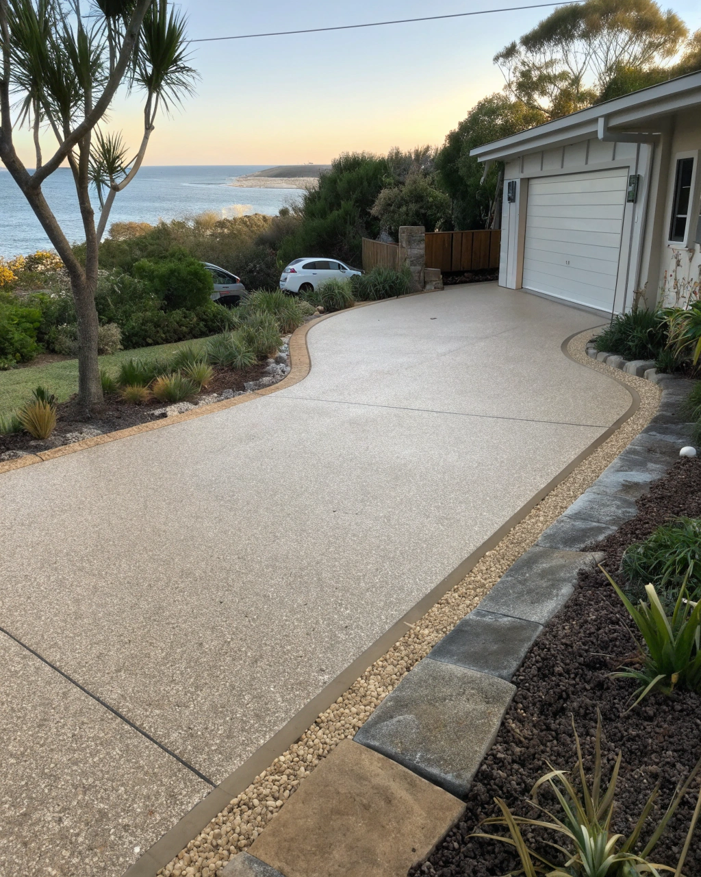 Freshly sealed exposed aggregate concrete driveway