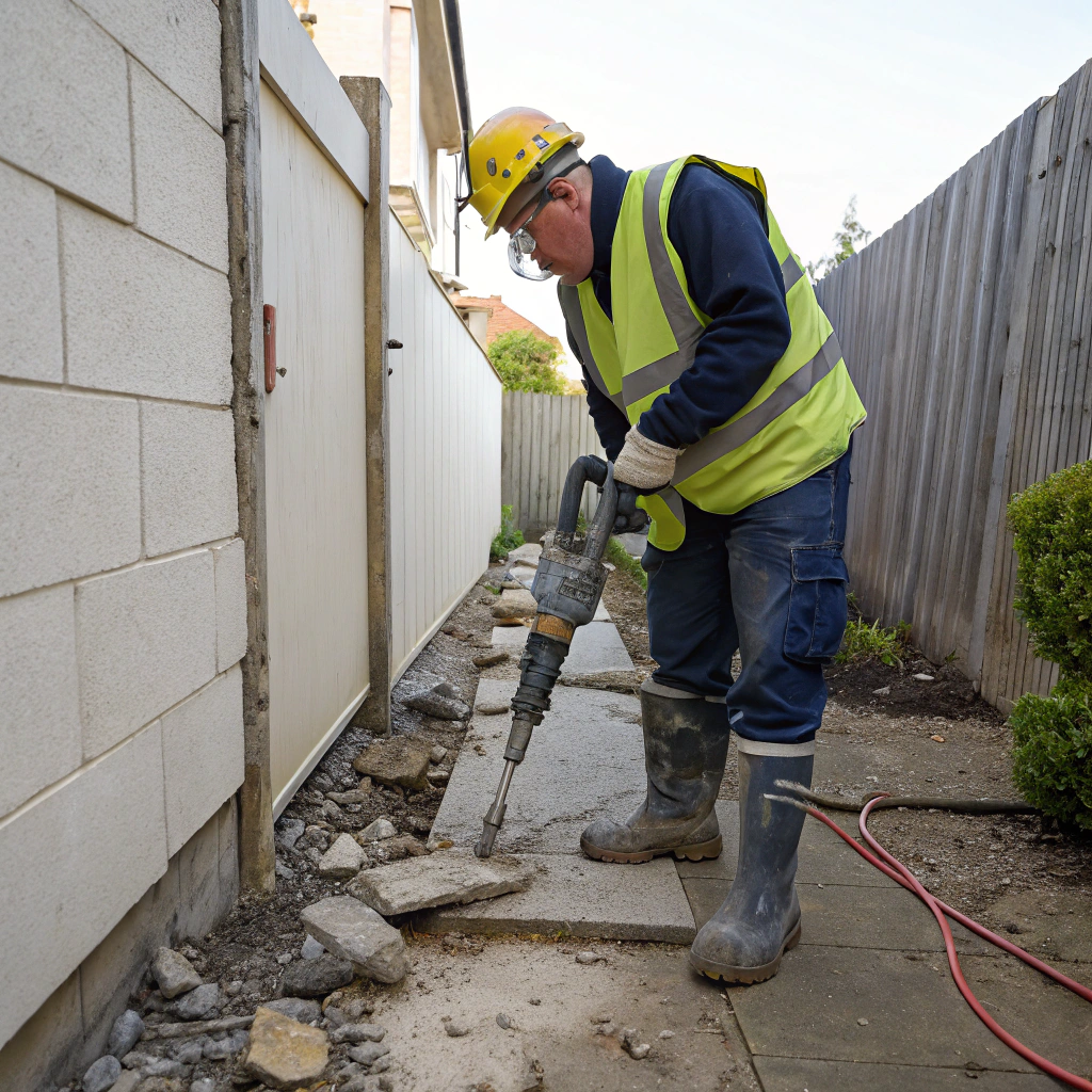 Worker using jackhammer to break up concrete slab in restricted backyard access