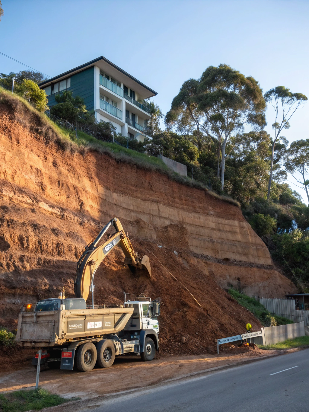 Large excavator cutting into a steeply sloped residential block