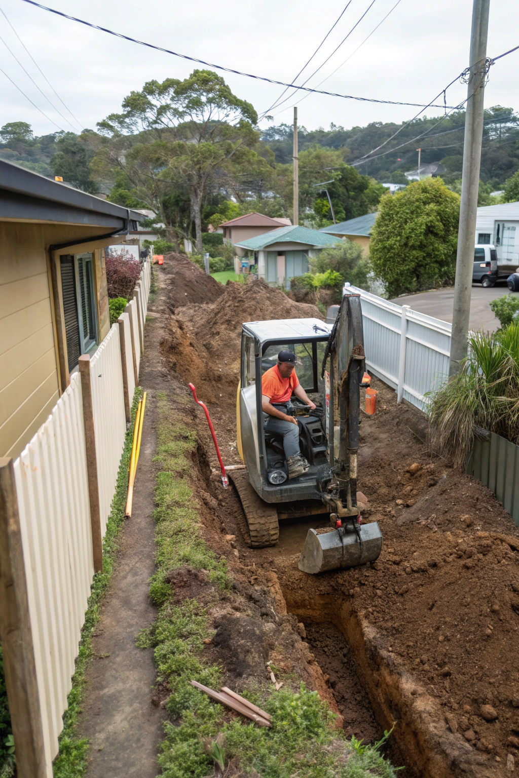 Mini excavator trenching on a tight residential site