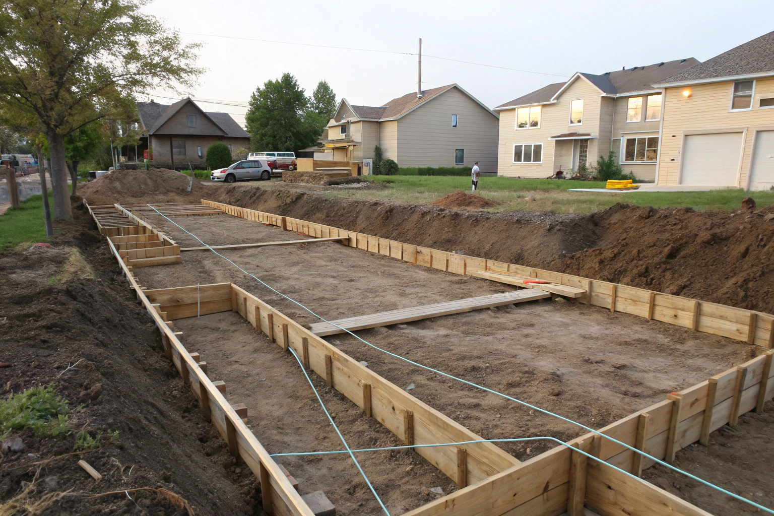 Site set-out with timber profiles and string lines marking strip footing layout on a residential block